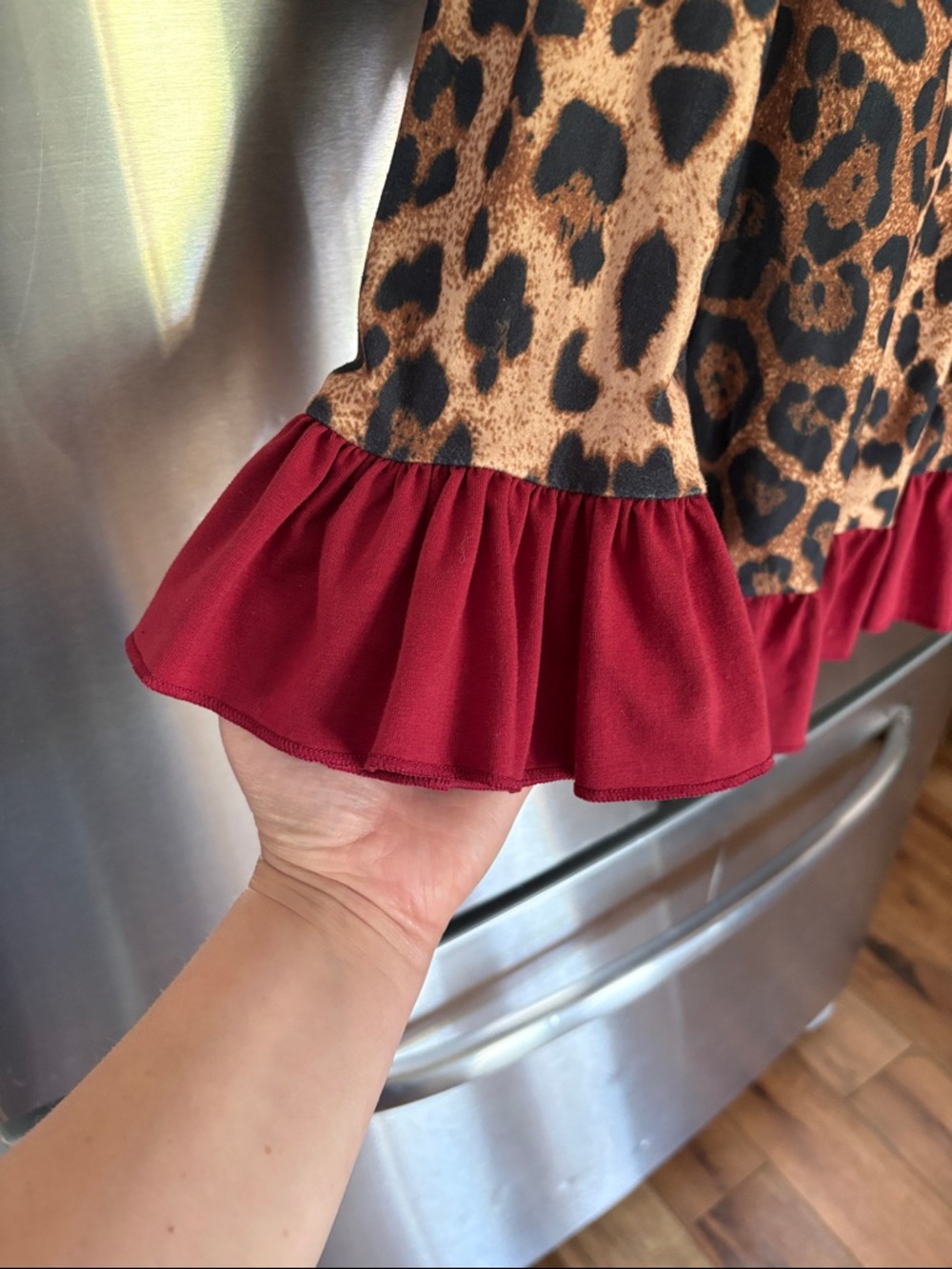 Sweet Modesty Women’s Leopard Print Ruffle-Trim Blouse in Brown and Rust/Red - Picture 6 of 7